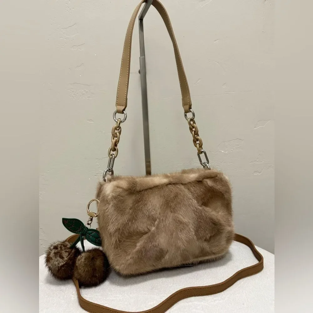 Handmade Real Mink Fur Double Zip Pillow Handbag Includes Fur Pom-Pom Bag Charm